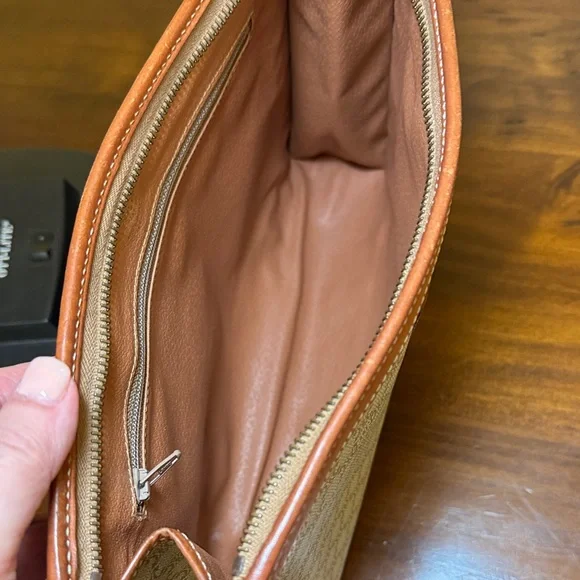 Celine Triumph Logo Clutch Leather Trim Vintage Beige & Brown Bag - Picture 4 of 16